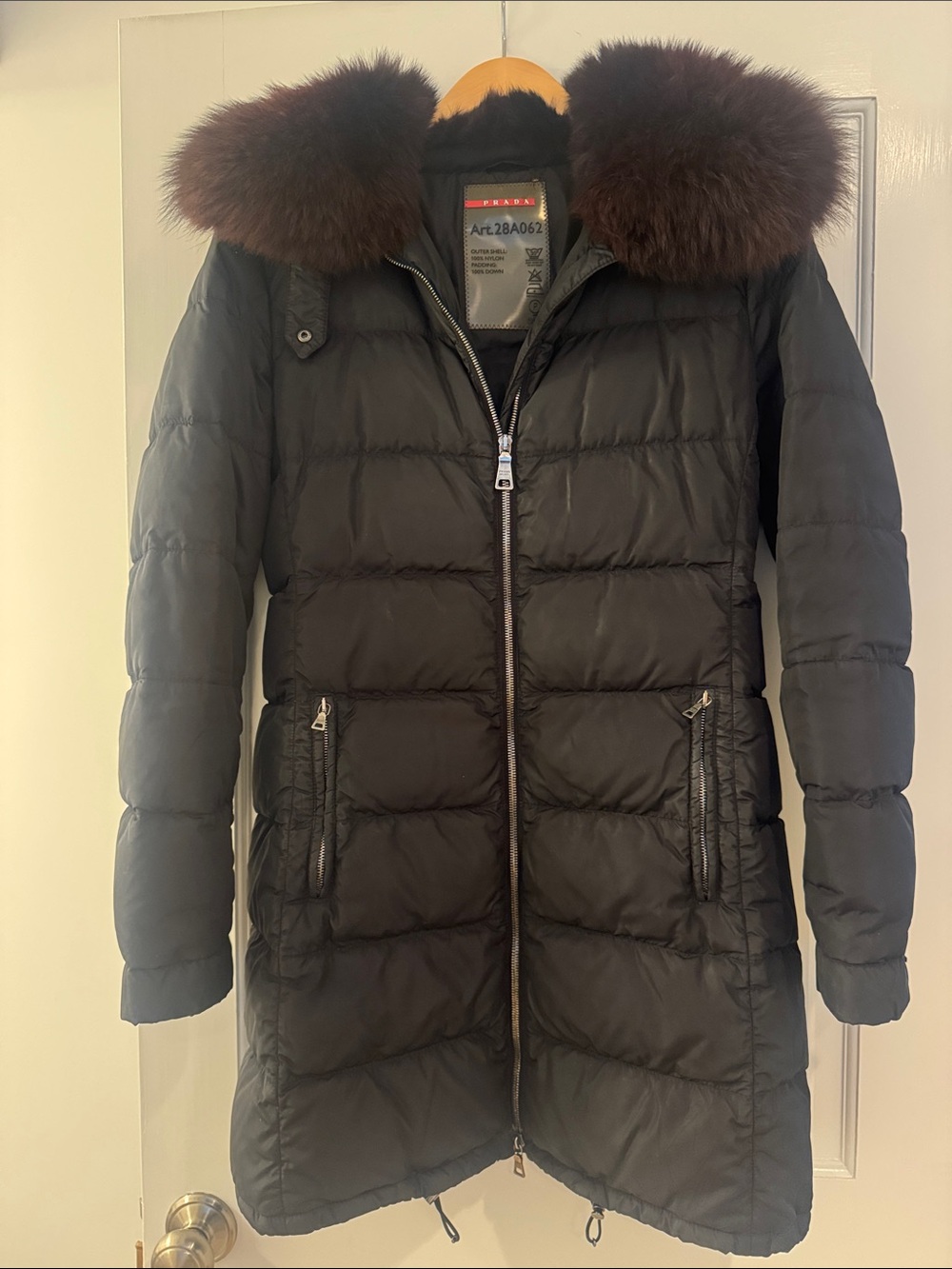 Prada Black Long Down Puffer Coat with Dark Brown Fox fur collar